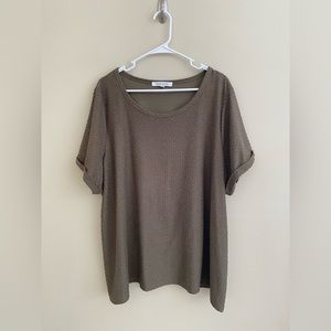 Olive Swiss Dot Short Sleeve Boxy Top with Tortoiseshell Buttons Down Back sz 3x